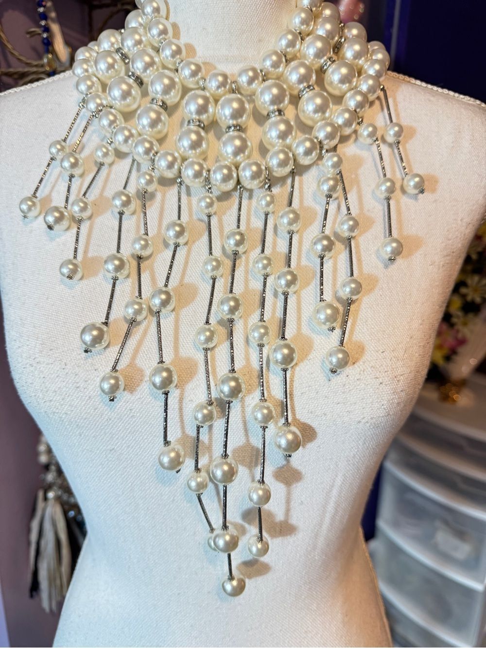 Elegant Pearl Fringe Statement Necklace - White Pearls